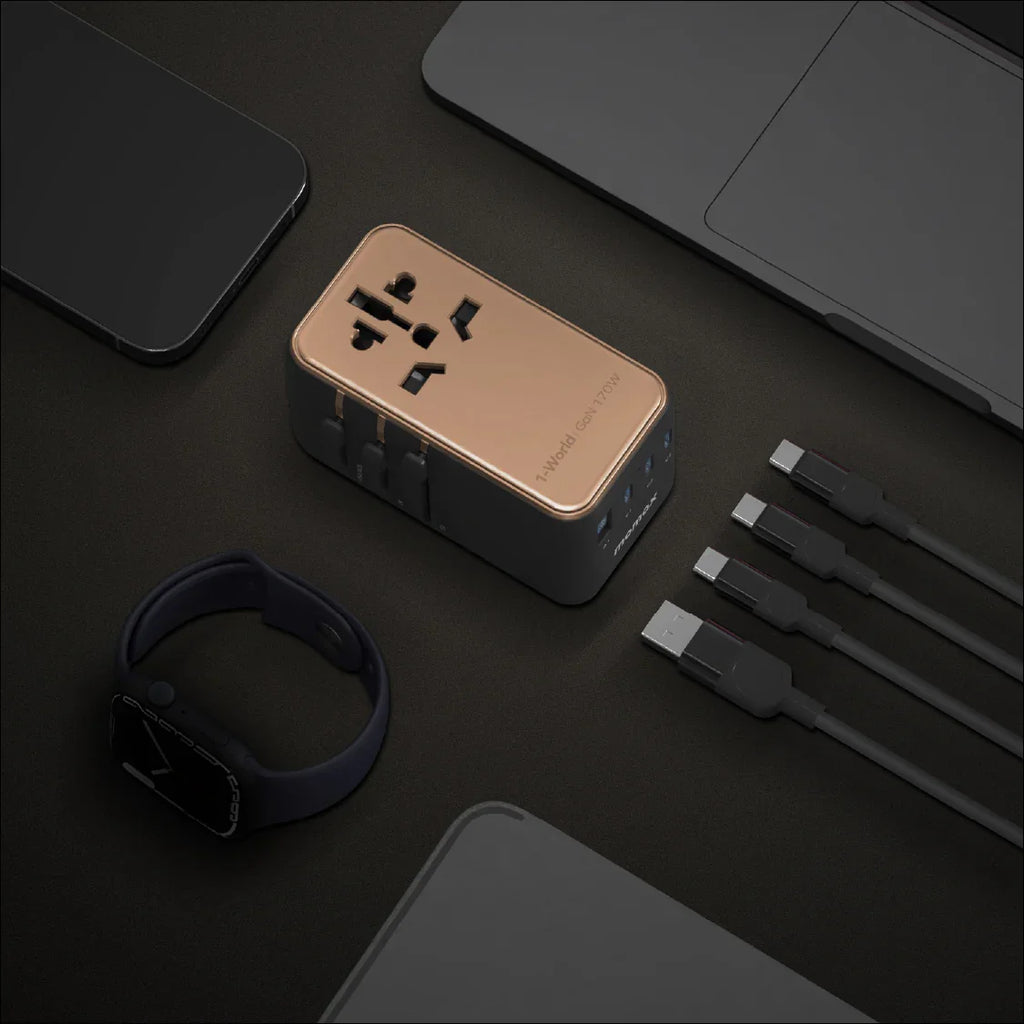 Compact universal power adapter with multiple USB-C and USB-A ports for fast charging laptops, tablets, and wearable devices.