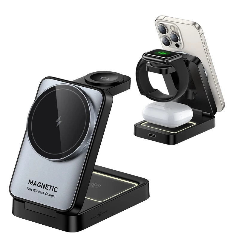 Rocoren Folding 3 in 1 Wireless Charging Stand Portable Magnetic Fast charging Station Dock For iPhone 15 14 13 Watch Headphones