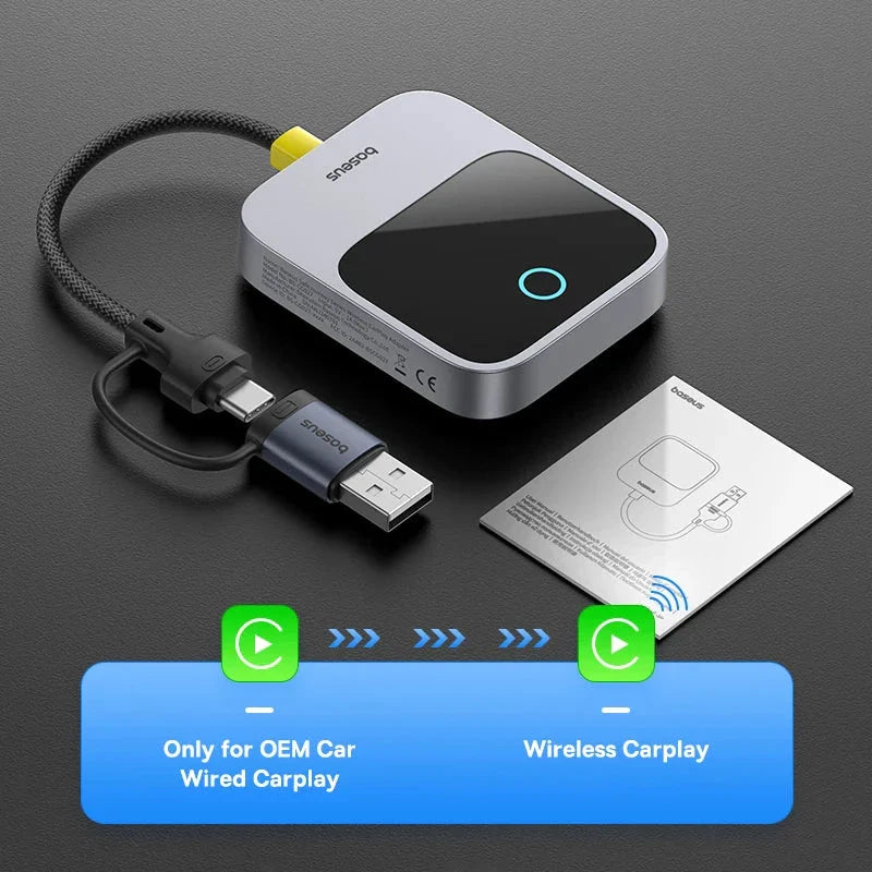 Baseus wireless CarPlay adapter converting wired to wireless CarPlay with plug and play design and Bluetooth 5.0 connectivity