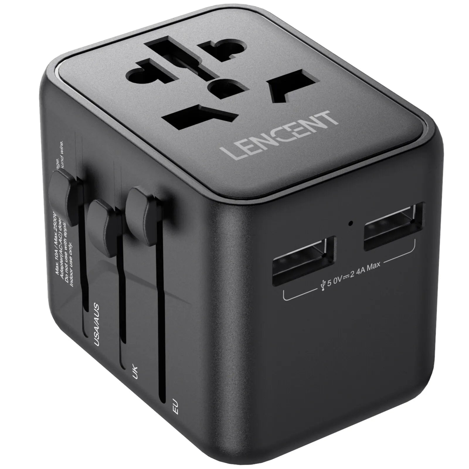 Compact LENCENT international travel adapter with 2 USB ports and multiple plug options for worldwide charging