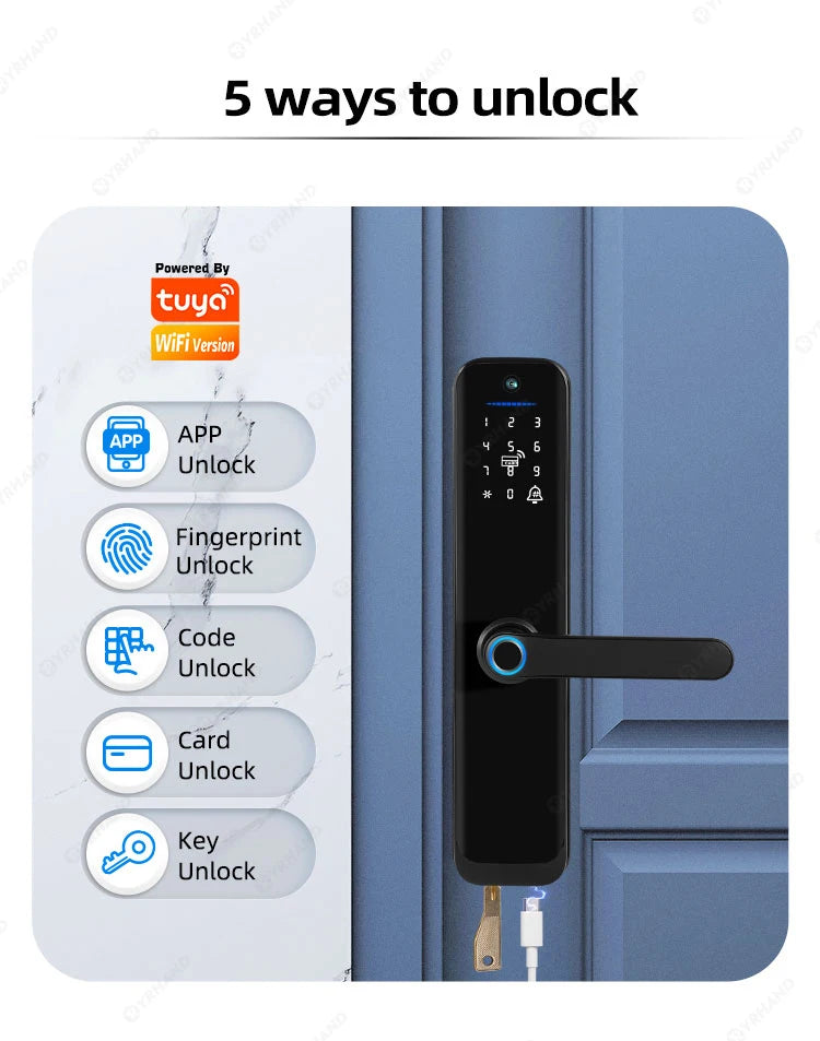 Tuya Wifi Smart Door Lock Electronic Digital Lock with Biometric Fingerprint Camera Smart Card Password Key Unlock Feature