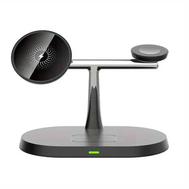Black 3-in-1 magnetic wireless charger stand for iPhone, Apple Watch, and AirPods with fast charging and Type-C connector