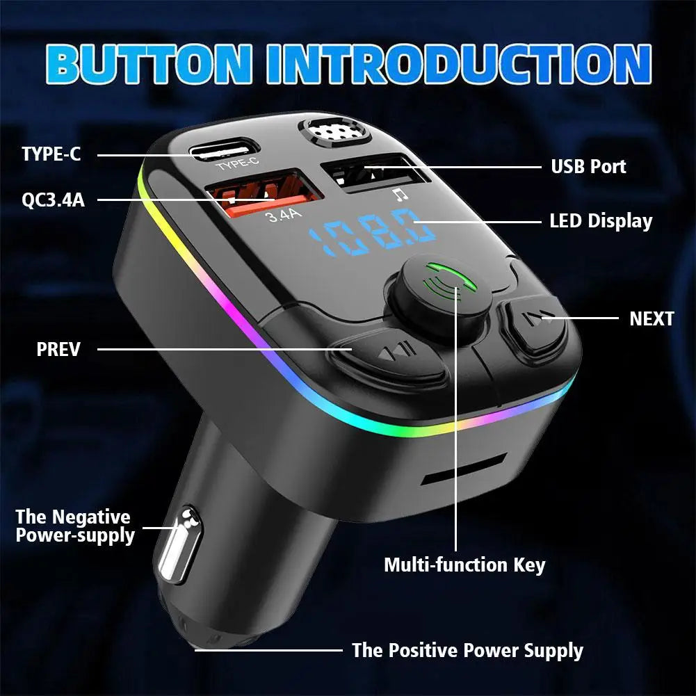 Bluetooth 5.0 Car FM Transmitter with USB & Type-C Charger labeled with button functions including LED display, USB ports, and multifunction key.
