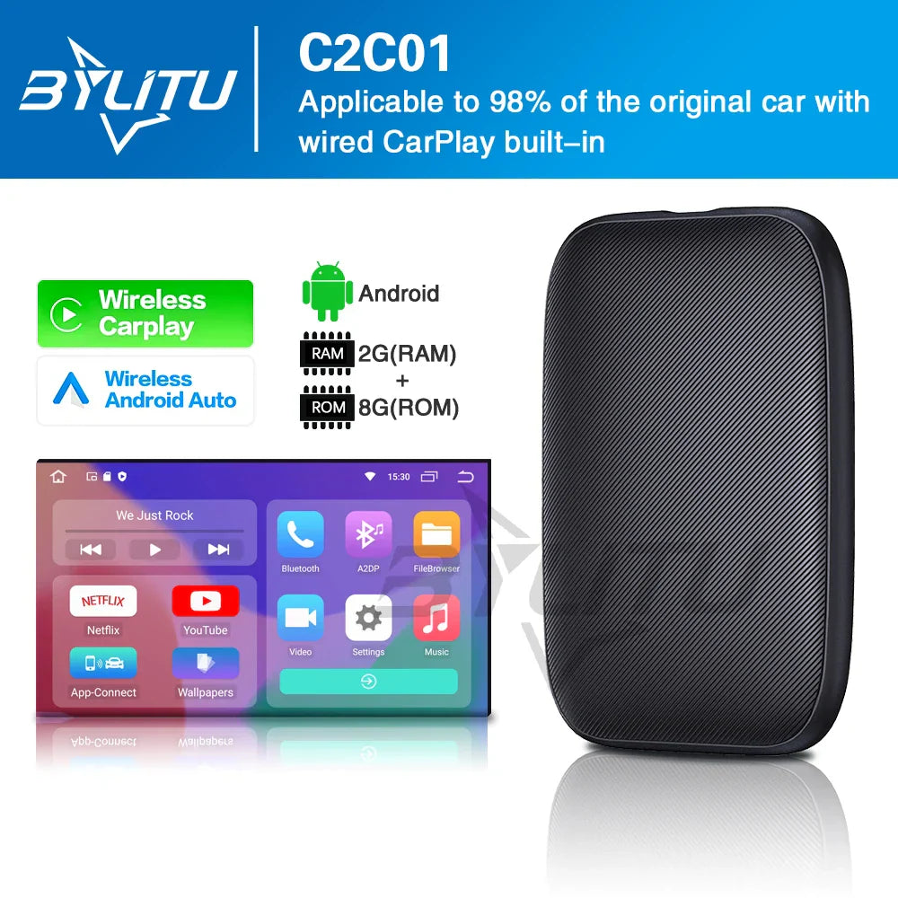 BYLITU Android Ai Box wireless CarPlay and Android Auto adapter with 2GB RAM and 8GB ROM for universal car multimedia player