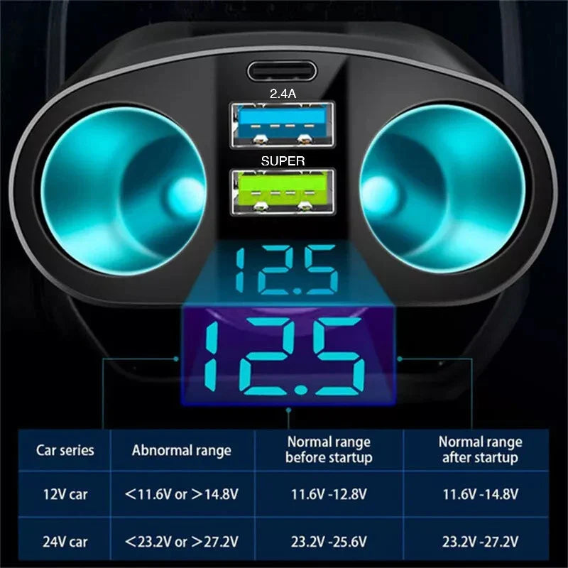Multiple Devices Can Be Charged at the Same Time with Digital Display Car Charg Dual-port Car Charger Adapter