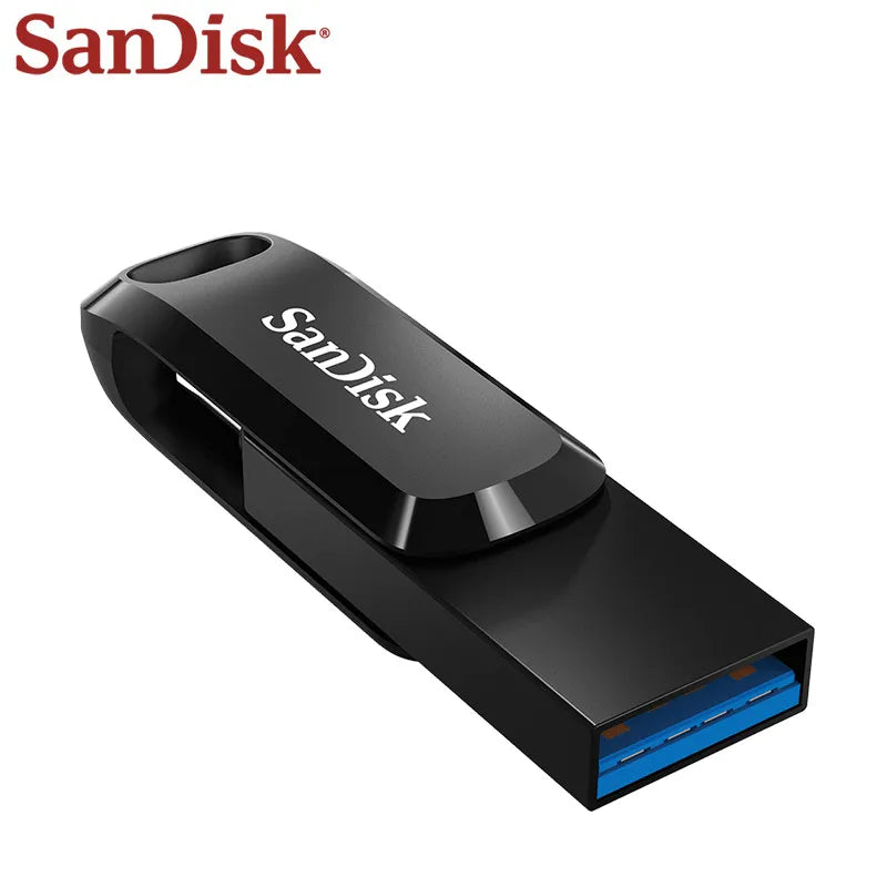 SanDisk Ultra Dual OTG Pen Drive USB 3.2 Type-C and Type-A 64GB-512GB black flash drive with swivel design and up to 400MB/s read speed.