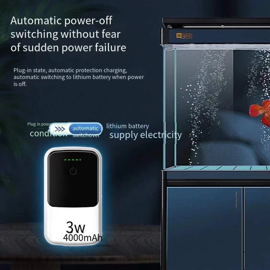 Rechargeable 3W aquarium air pump with 4000mAh lithium battery and automatic power-off for fish tank oxygenation
