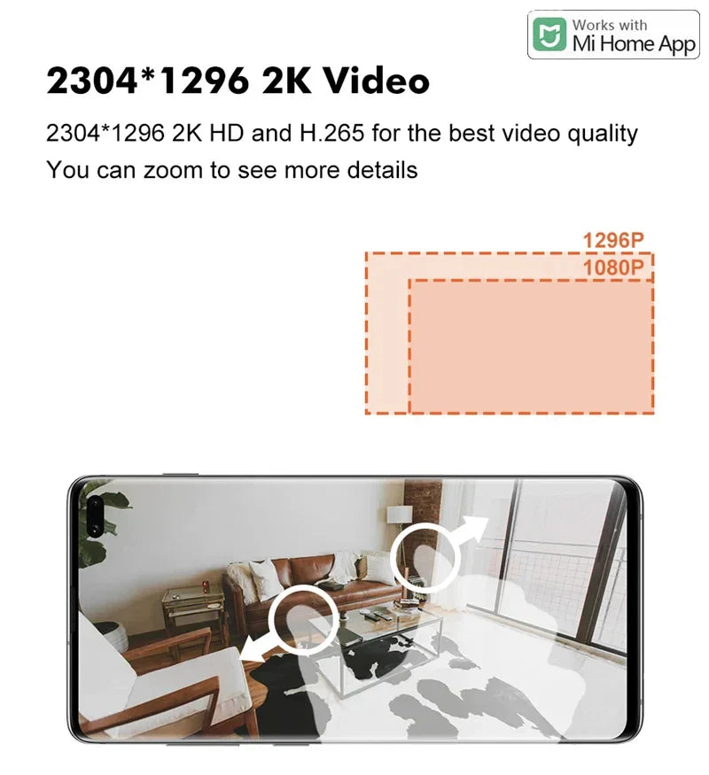Smart Camera 2K 1296P HD video resolution with Mi Home app compatibility showing home interior view