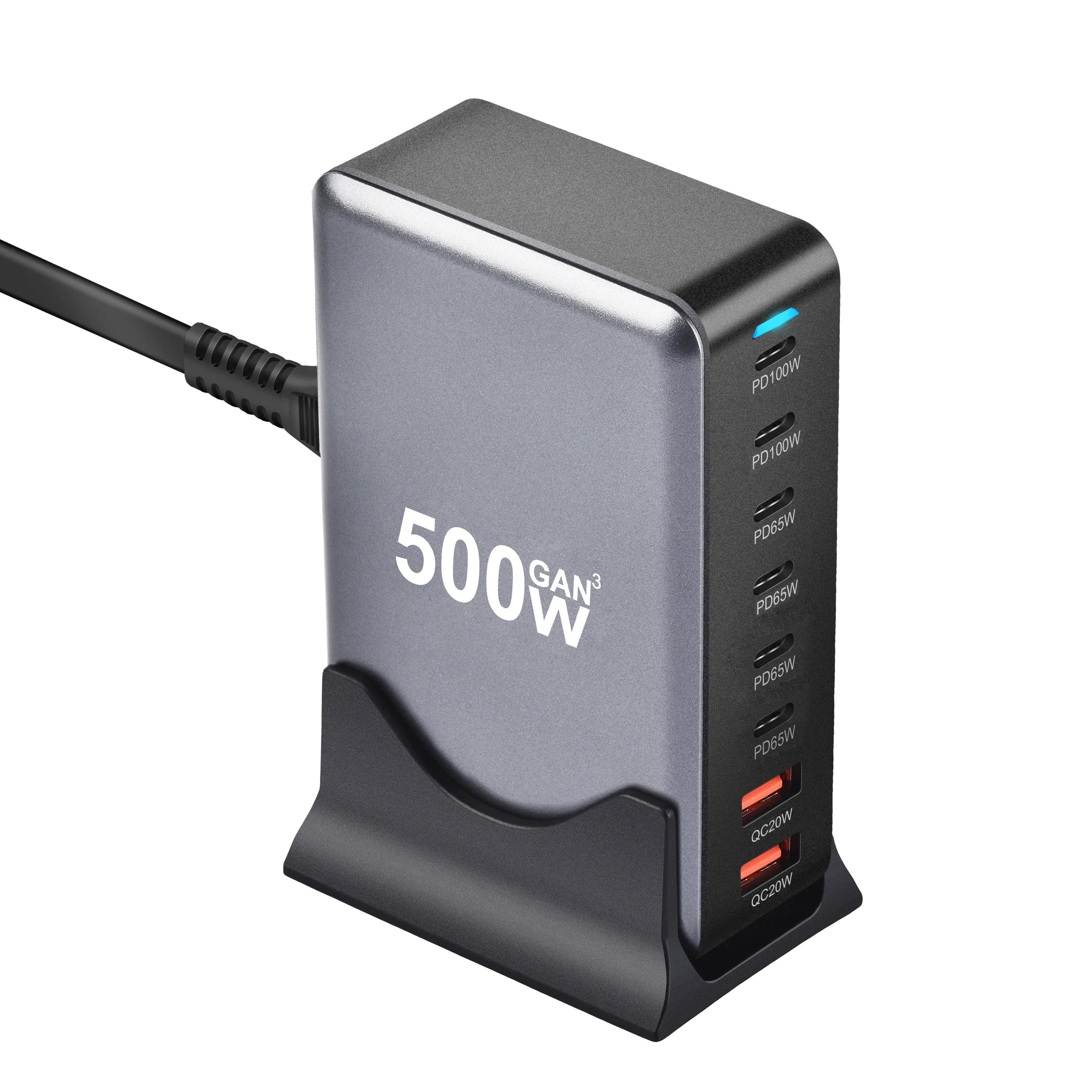 500W GaN multi-port desktop PD charger with 8 USB and Type-C ports for fast charging multiple devices
