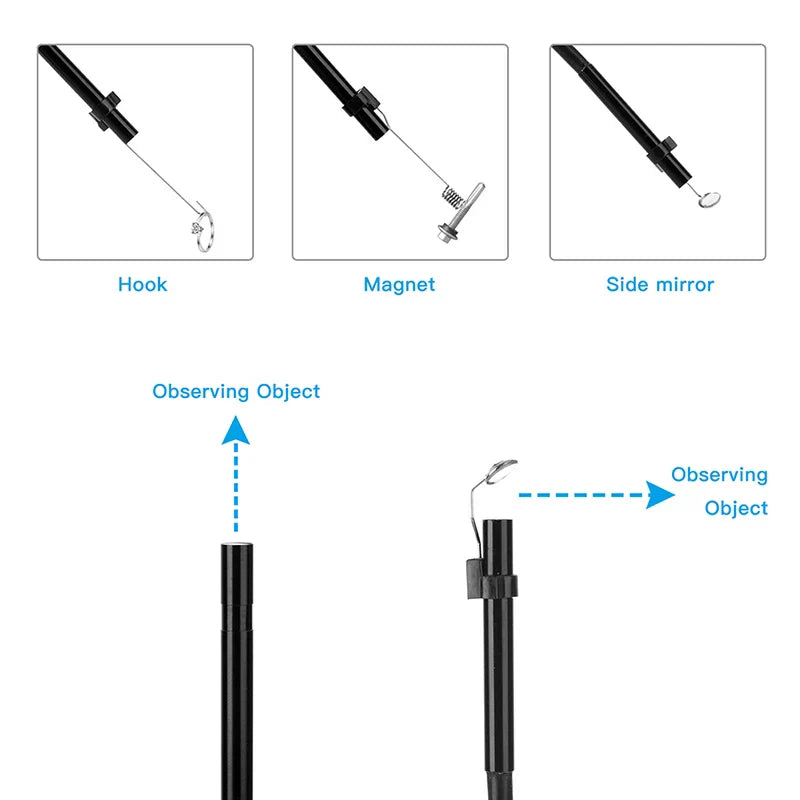 Wireless endoscope tool with hook, magnet, and side mirror attachments for automotive inspection and object observation.