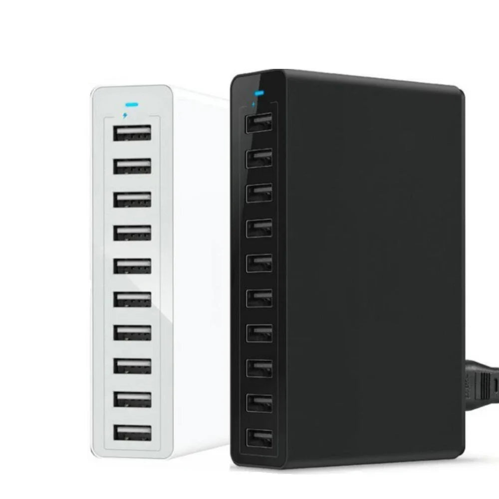 60W multi USB charger station with 10 ports in black and white variants, ideal for charging iPhone, iPad, and multiple devices simultaneously.