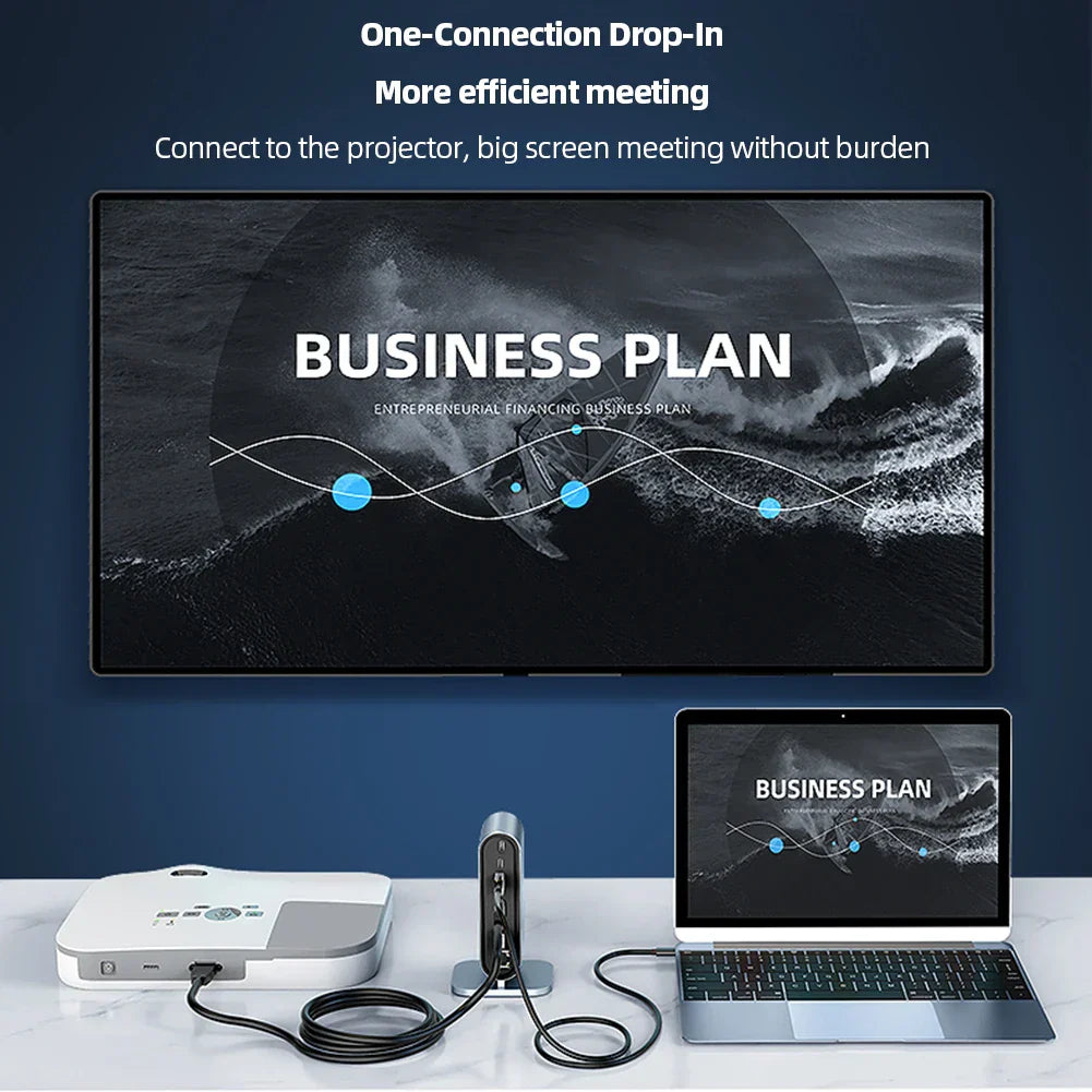 USB C Docking Station connecting laptop to projector and big screen for efficient business meetings