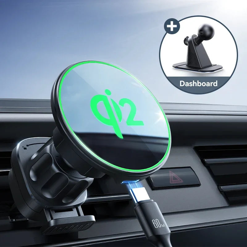 Joyroom Qi2 Magnetic Car Phone Holder mounted on car air vent with glowing Qi2 logo and USB-C cable, includes optional dashboard mount.