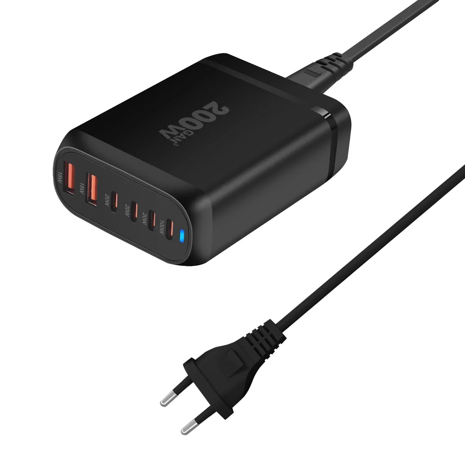200W GaN desktop charger with 6 USB Type-C and USB-A ports fast charging device black compact design