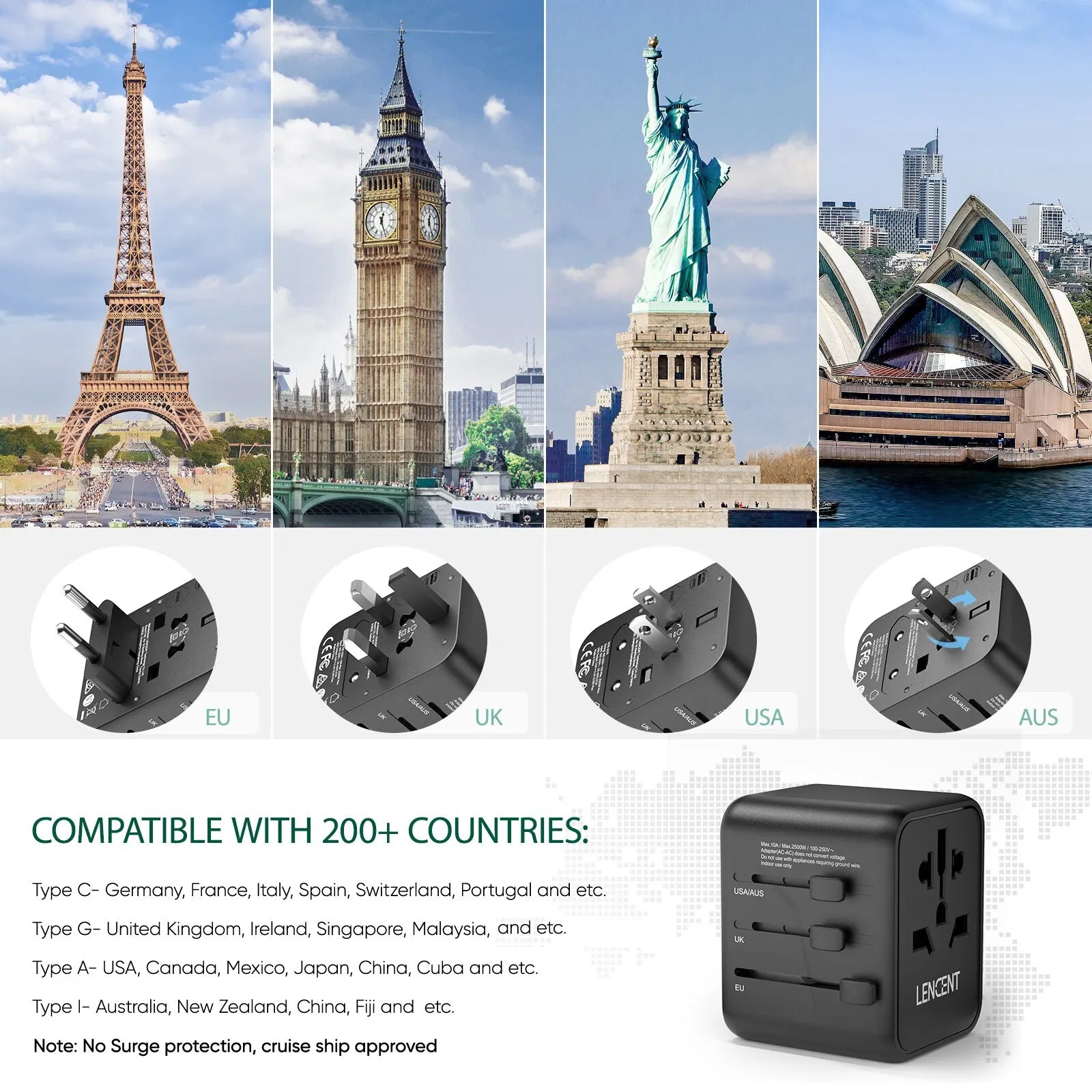 LENCENT all-in-one travel adapter with 2 USB ports and multiple plugs for EU, UK, USA, AUS compatible with 200+ countries.