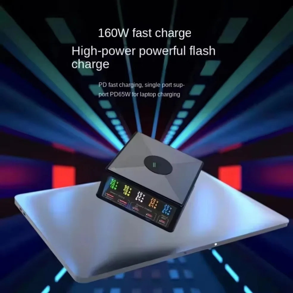 160W multi ports PD USB GaN charger station with 15W wireless charging and digital display for fast charging laptops and phones