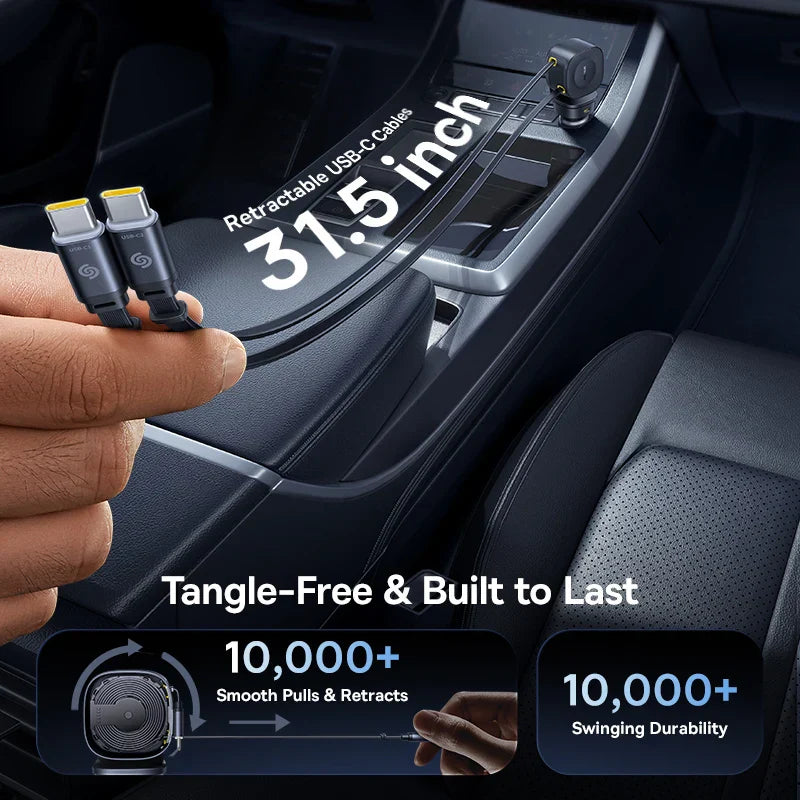 Baseus Car Charger with dual retractable USB-C cables, 31.5-inch length, tangle-free and durable design for fast charging in cars