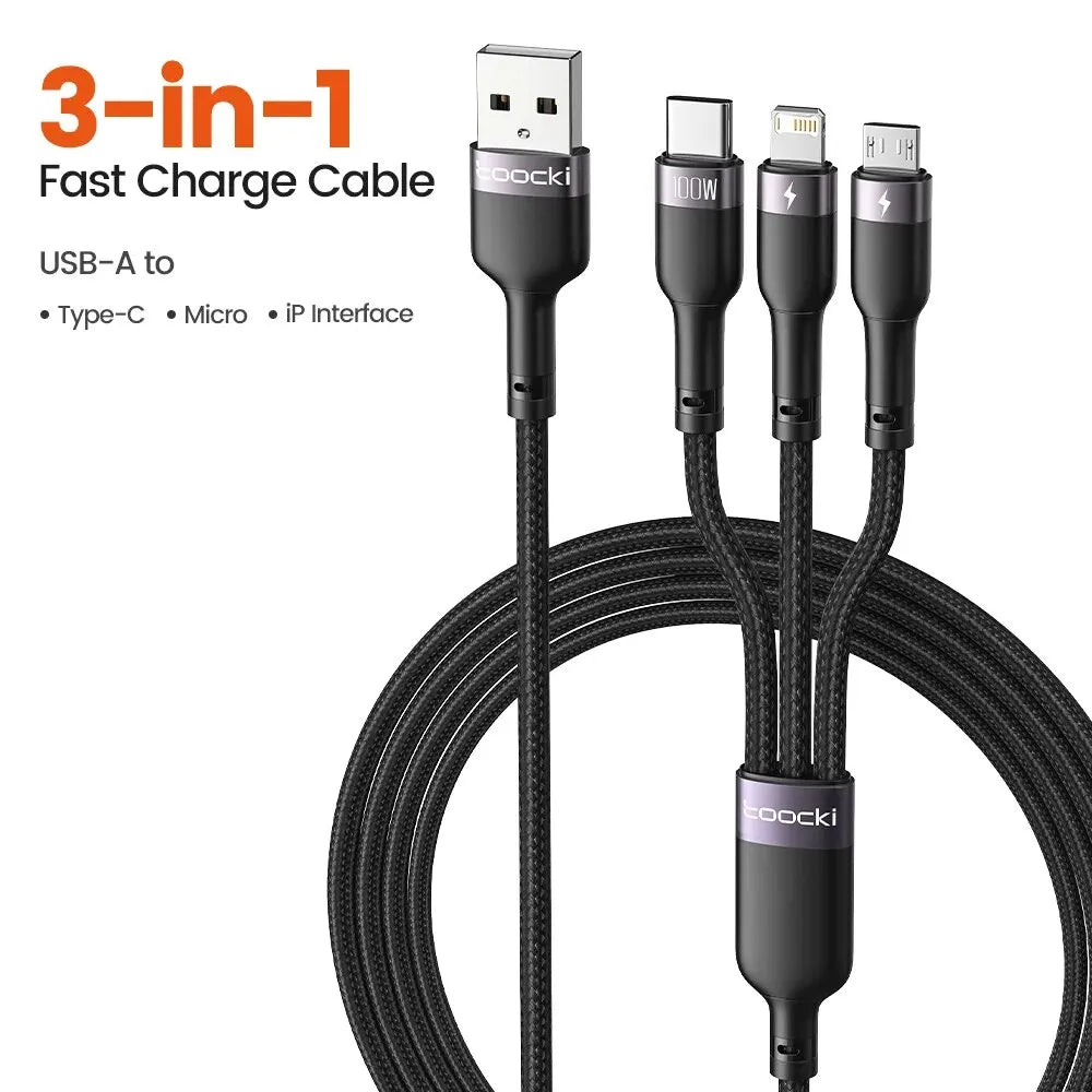 Toocki 3 in 1 USB Cable 6A 100W Micro USB Type C Charging Cable For iPhone 14 13 12 Huawei Honor Xiaomi 13 ViVo Oppo Data Cord