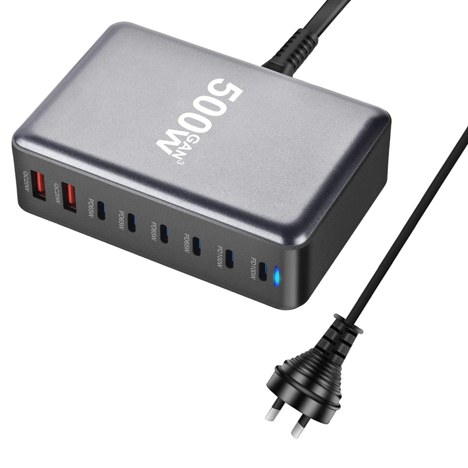 500W GaN 8-port Multi Charging PD Charger with USB and Type-C outputs, desktop model