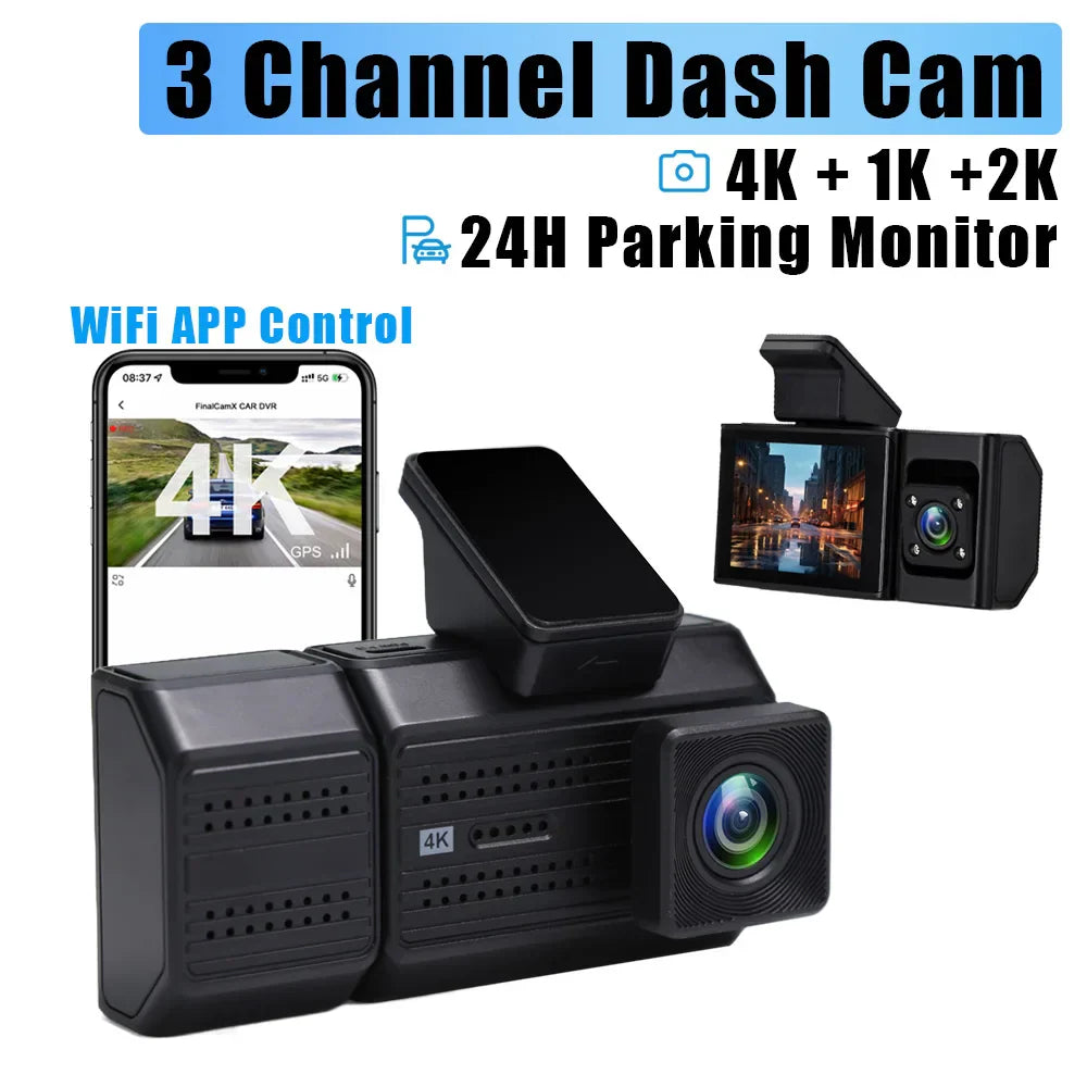 3 Channel Dash Cam with 4K front, 1K interior, 2K rear cameras, 2.4-inch screen, WiFi app control, and 24H parking monitor for cars.