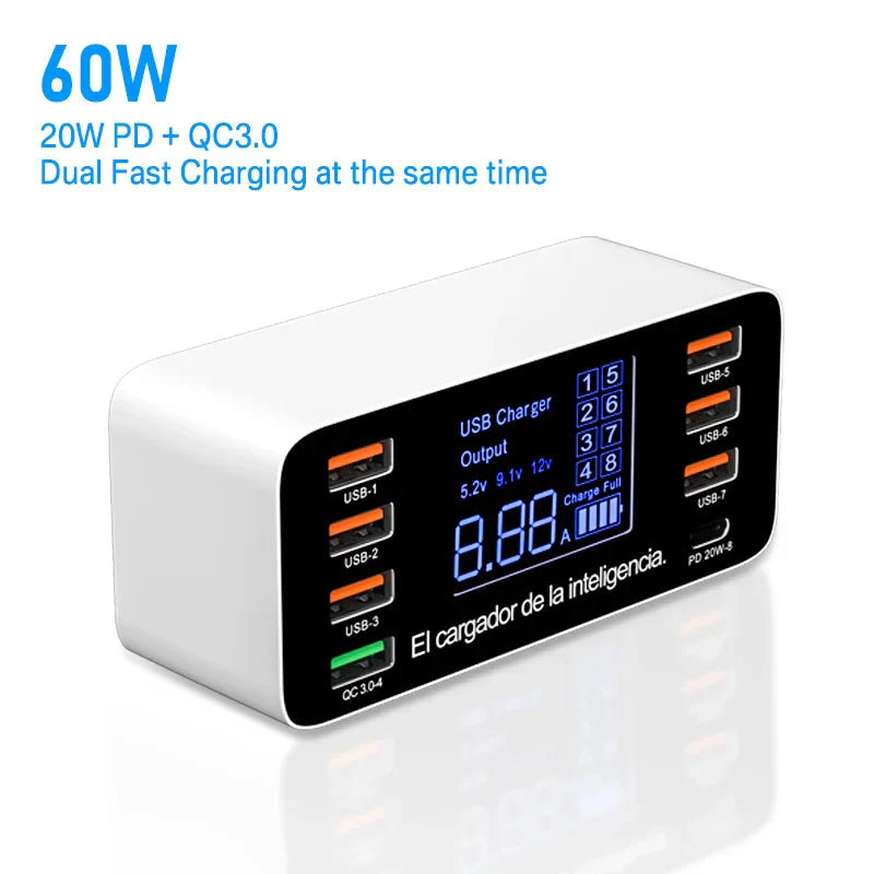 ASOMETECH 60W Quick Charge USB charger adapter with LCD display for fast charging multiple devices