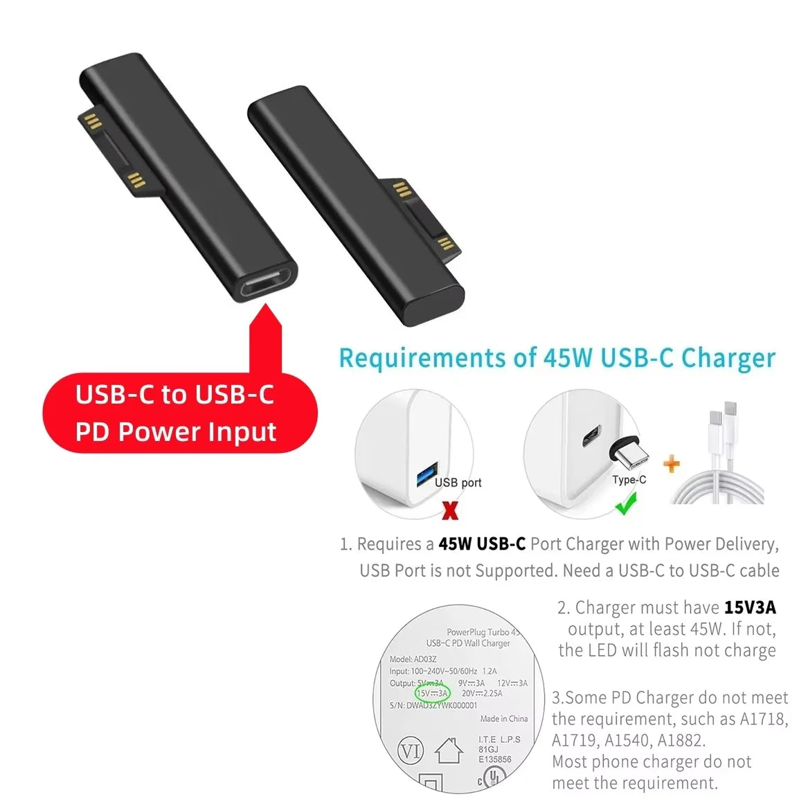 USB C PD 102W GaN Charger Converter 15V 3A Charging Adapter Compatible With Surface Pro X/7/6/5/4/3 Surface Laptop Book Go 1 2 3