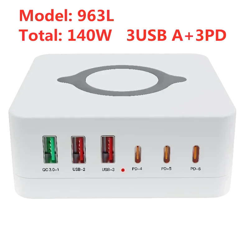 160W multi ports USB GaN charger station with wireless charging and digital display for iPhone Xiaomi and more