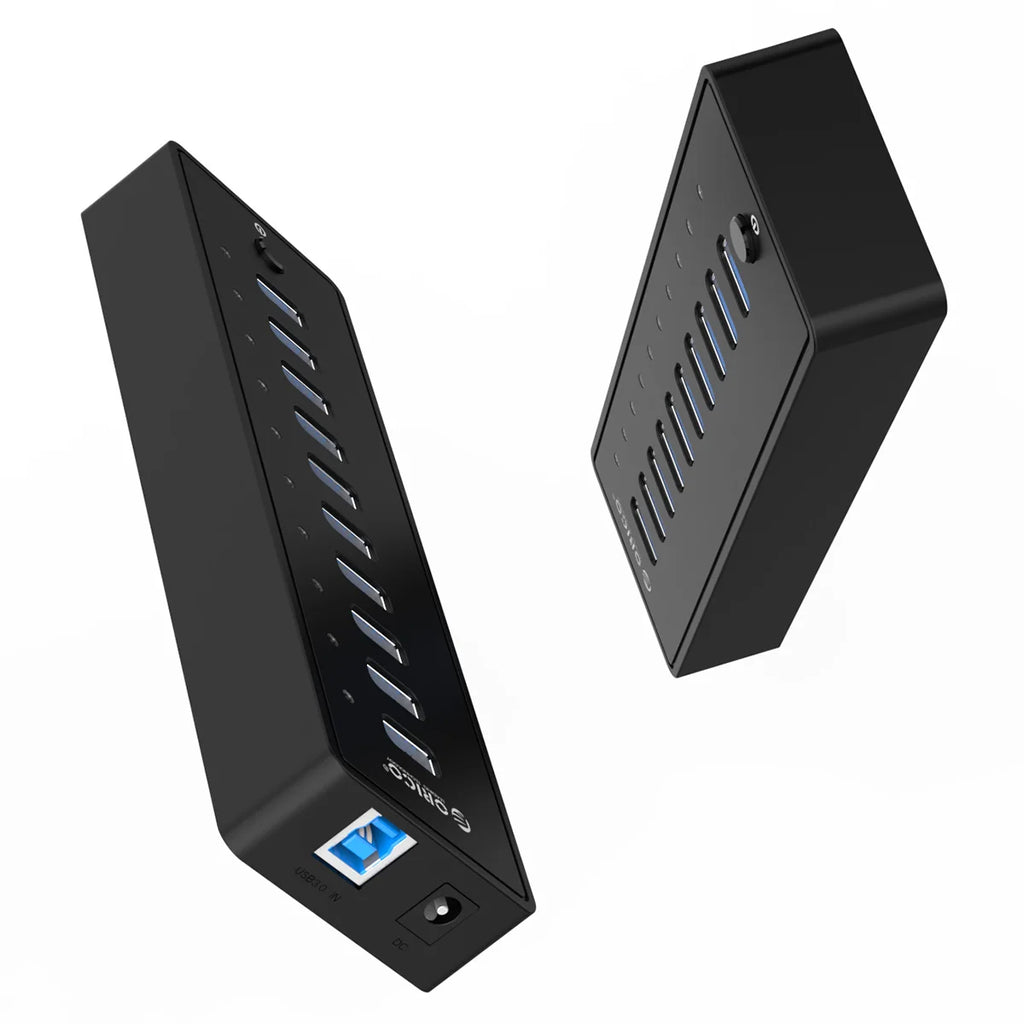 ORICO P10 USB HUB with 10 high-speed USB 3.0/2.0 ports and 12V power adapter in sleek black design