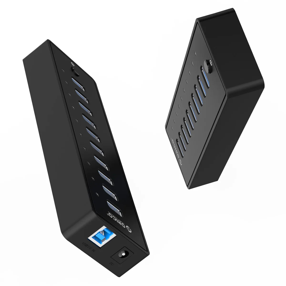 ORICO P10 USB HUB with 10 high-speed USB 3.0/2.0 ports and 12V power adapter in sleek black design