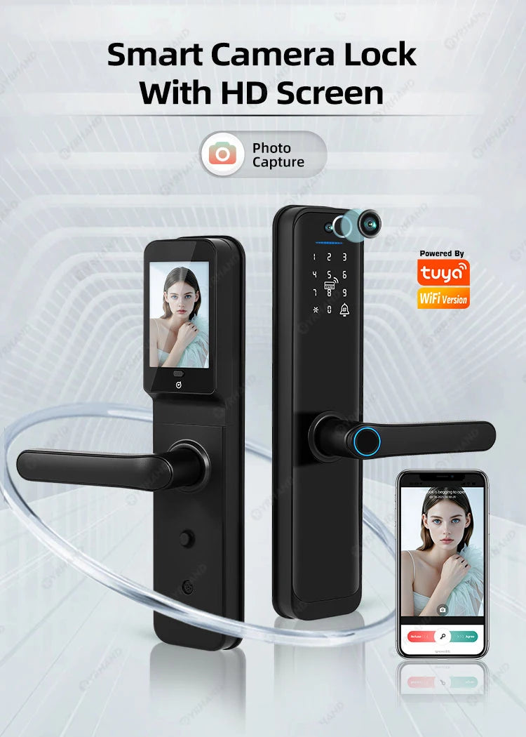 Tuya Wifi Smart Door Lock Electronic Digital Lock with Biometric Fingerprint Camera Smart Card Password Key Unlock Feature