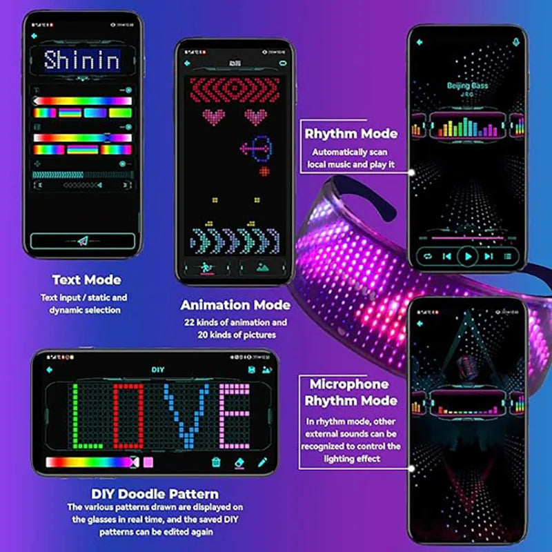 App interface for Bluetooth LED Glasses Party Wear showing text, animation, rhythm, and DIY modes for personalized LED display control.