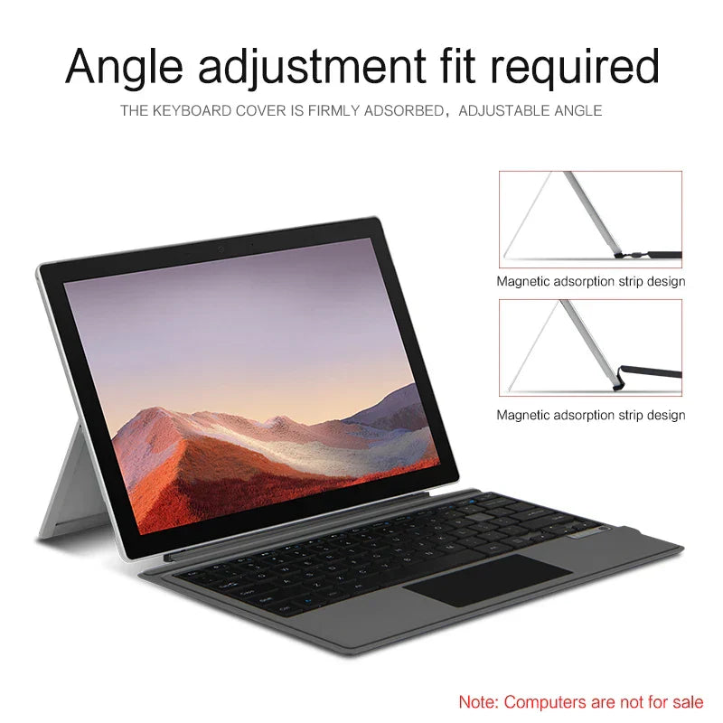 HUWEI Bluetooth keyboard with trackpad for Surface Pro tablets, magnetic attachment, adjustable angle, multi-language support including Russian, Arabic, Korean, Spanish, Portuguese, and French
