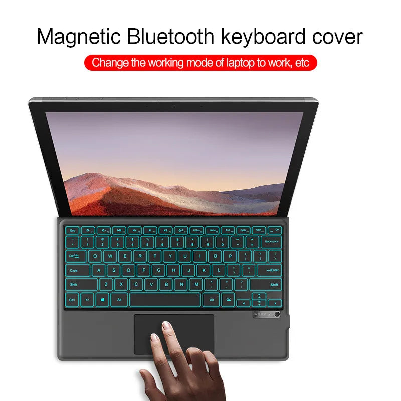 HUWEI Bluetooth Keyboard magnetic cover with trackpad for Surface Pro tablets, backlit keys, multi-language options, Bluetooth wireless connection.