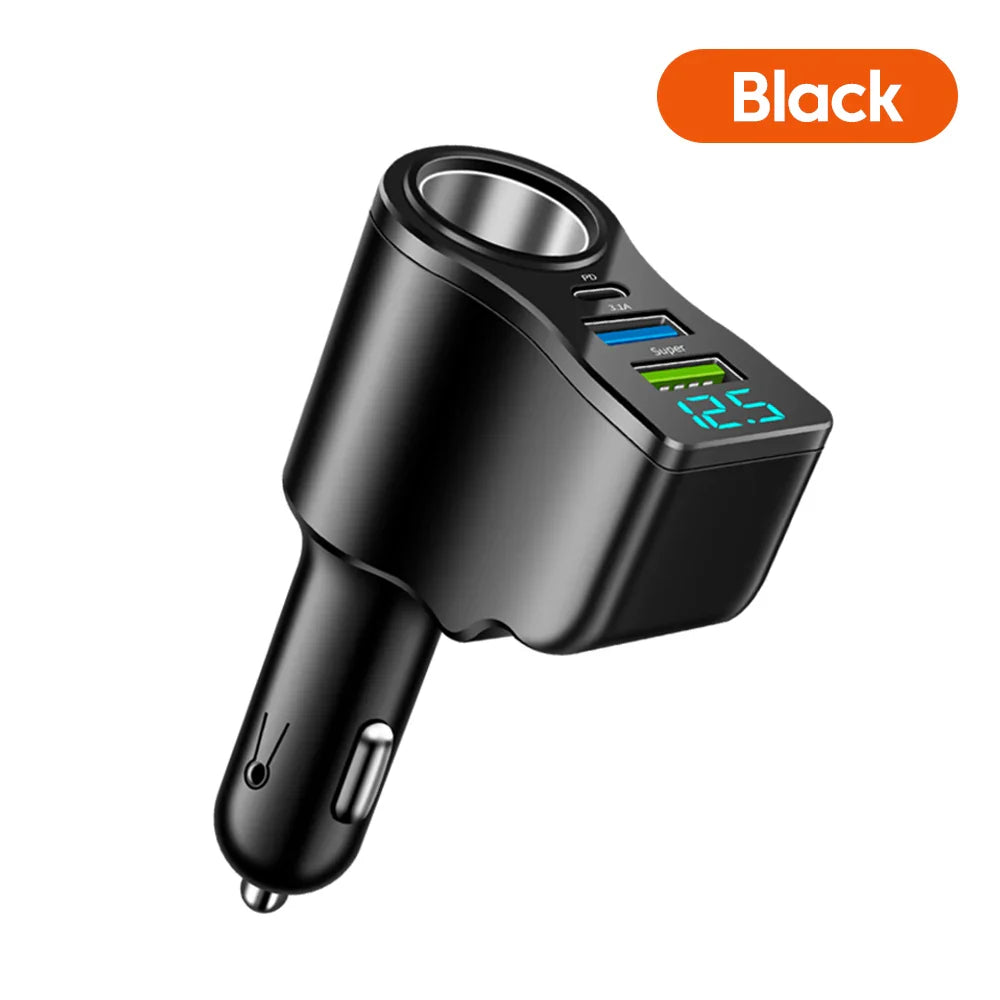 Black 66W Fast Car Charger USB Type-C with dual ports, LED display, and Qualcomm QC support for high-speed in-car device charging.
