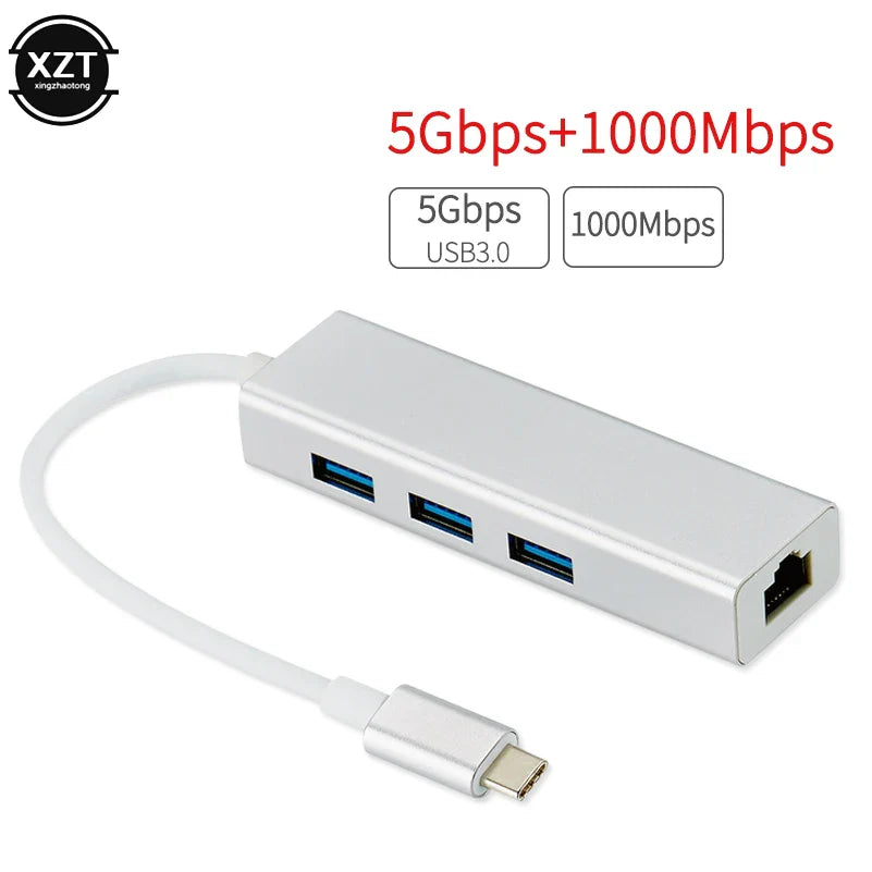USB 3.0 Type C to 3-Port USB 3.0 Hub Docking Station with RJ45 100/1000 Gigabit Ethernet Network Adapter LAN Wired Converter