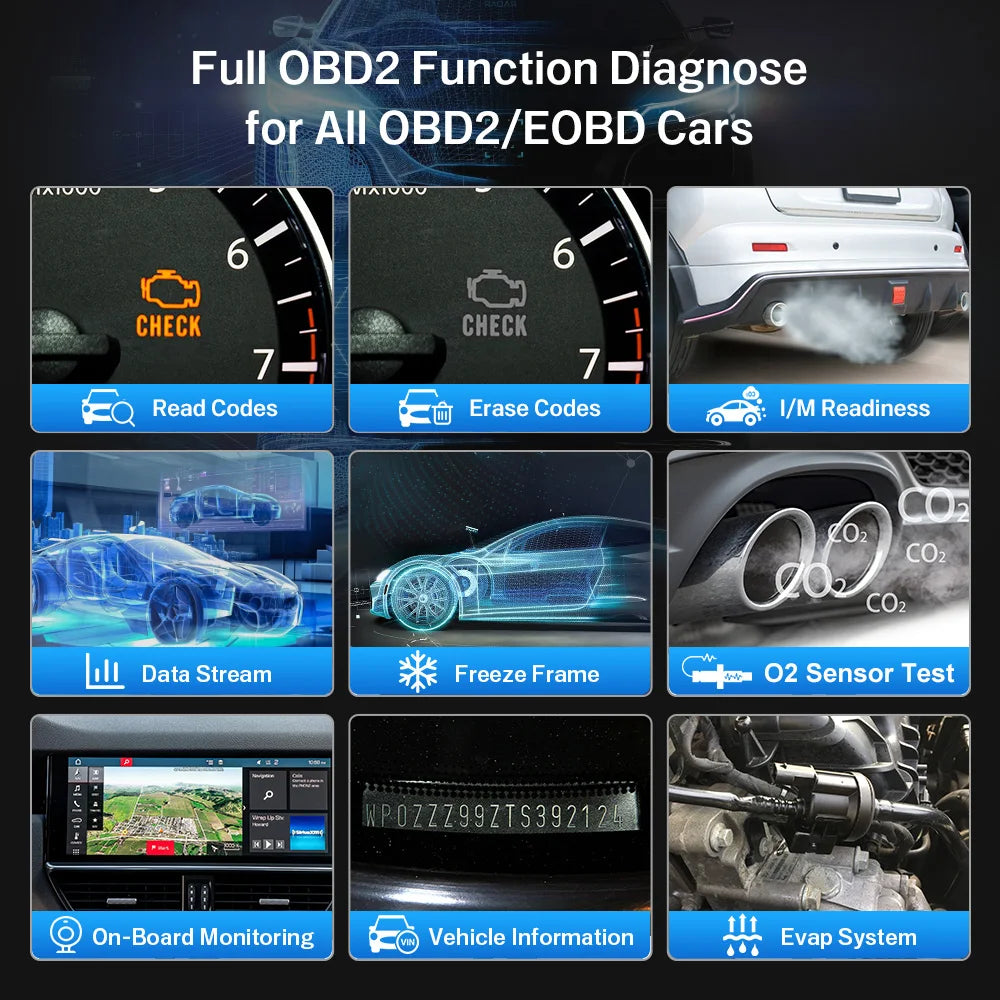 KONNWEI KDIAG Bluetooth full OBD2 diagnostic tool with code reading, erasing, data stream, sensor tests, and vehicle info functions
