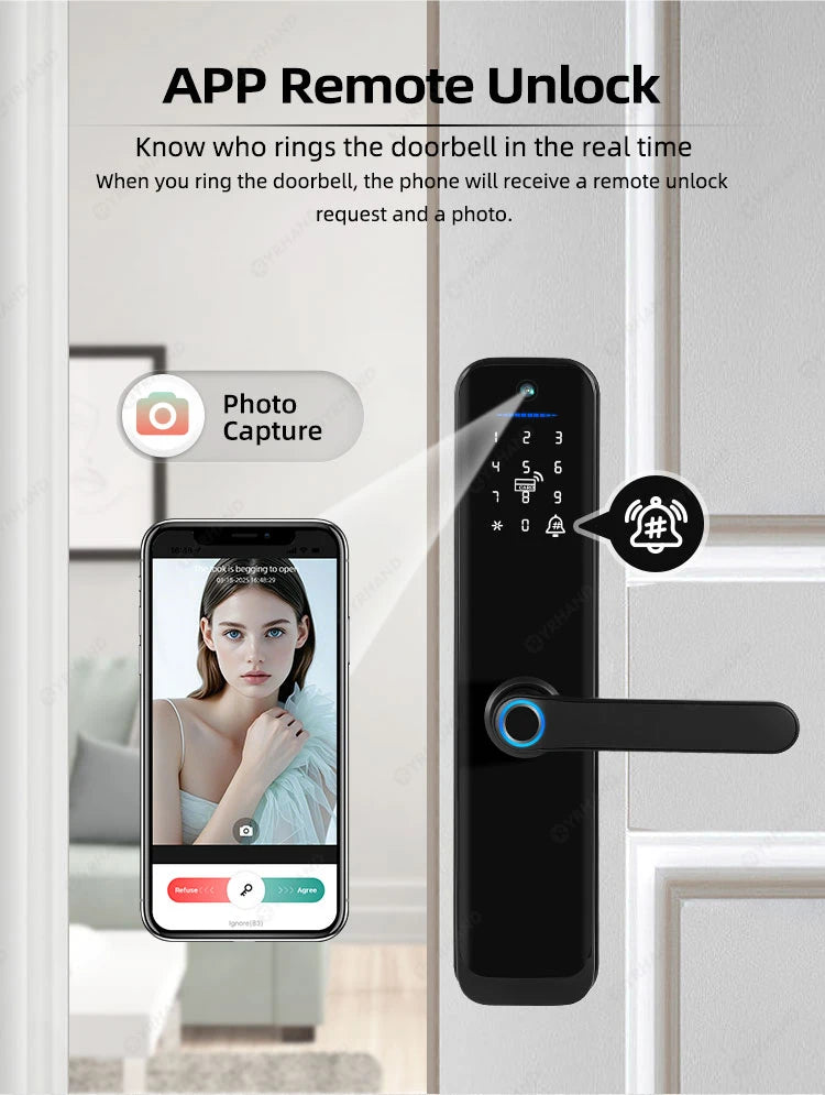 Tuya Wifi Smart Door Lock Electronic Digital Lock with Biometric Fingerprint Camera Smart Card Password Key Unlock Feature