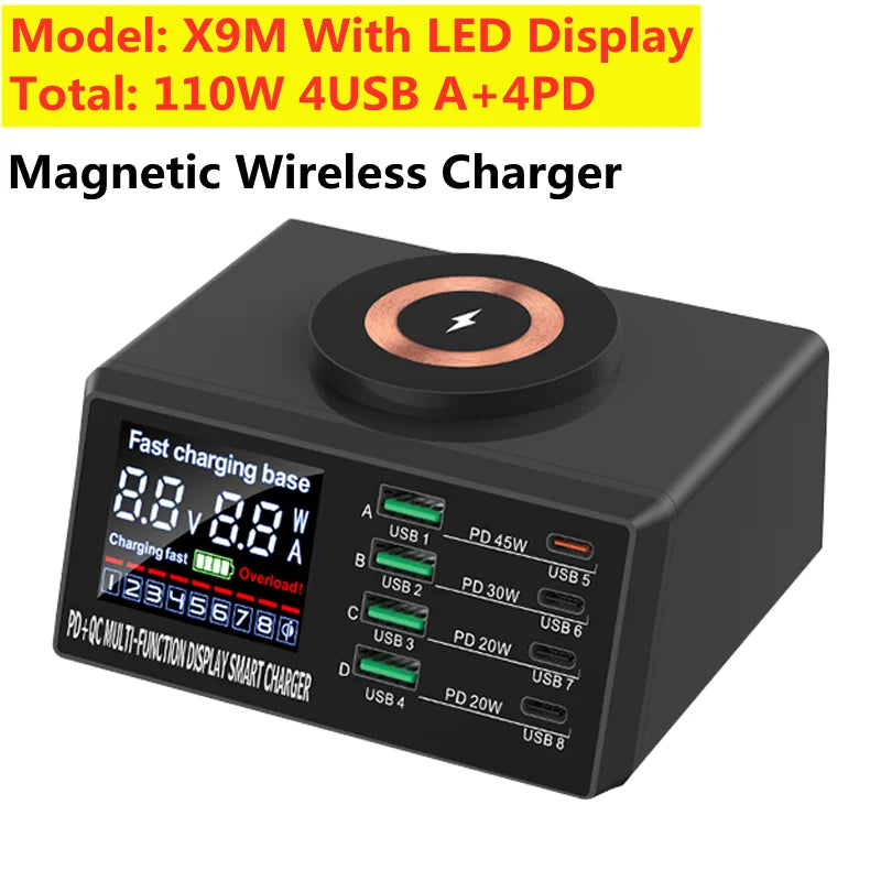 160W multi-port USB GaN charger station with LED display and magnetic wireless charging for fast charging multiple devices
