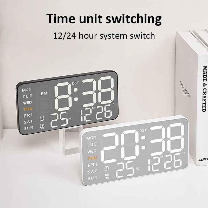 Modern digital wall clocks in black and white with 12/24 hour time unit switching, ideal for home or office use.