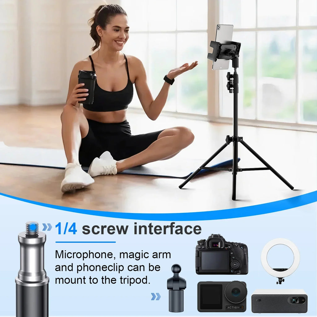 Adjustable tripod floor tablet stand with 1/4 screw interface for tablets 4-13 inch, compatible with iPad and Xiaomi, made of durable carbon steel