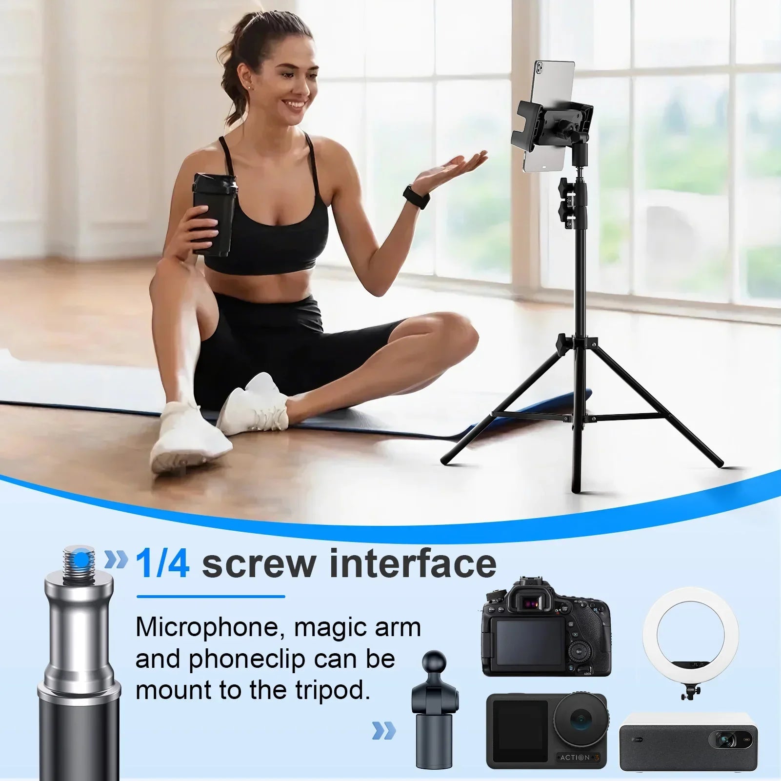 Adjustable tripod floor tablet stand with 1/4 screw interface for tablets 4-13 inch, compatible with iPad and Xiaomi, made of durable carbon steel