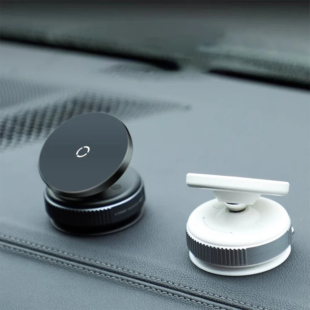 Magsafe Magnetic Car Phone Holders in black and white displayed on a car dashboard, showcasing compact design and strong adhesion.