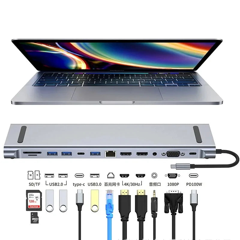 USB C 3.0 HUB multiport docking station with 4K HDMI, VGA, RJ45 Ethernet, PD 100W charging, SD/TF card readers, and USB data ports for laptop connectivity.