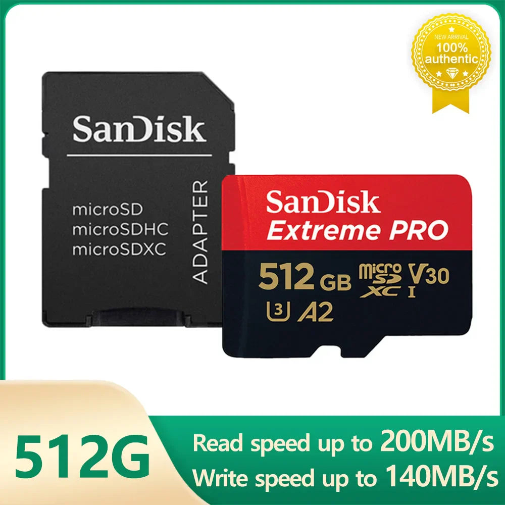 SanDisk V30 Micro SD Extreme PRO 512GB memory card with adapter, UHS-I U3, A2 performance, 200MB/s read speed for 4K video and camera use