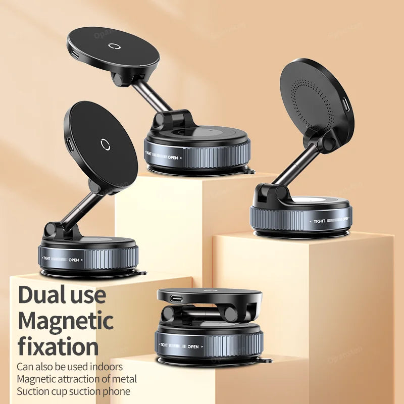 Dual-use magnetic phone holder and charger with suction cup base. Ideal for indoor and car use with 360° rotation for iPhone 12-16.