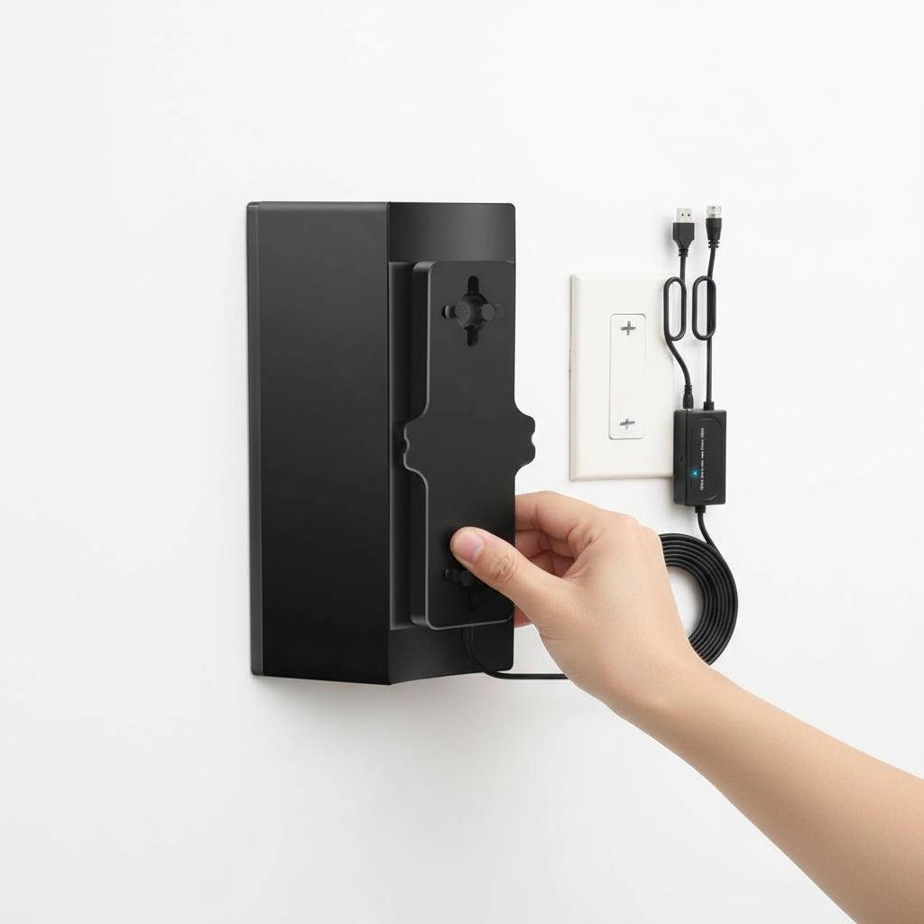 Compact black indoor TV antenna with in-line amplifier and USB power for Home HD Mode reception