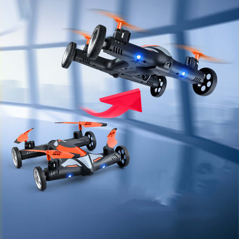Flying car drone with camera in air and on ground, showcasing land and air dual mode capabilities, blue and orange design.