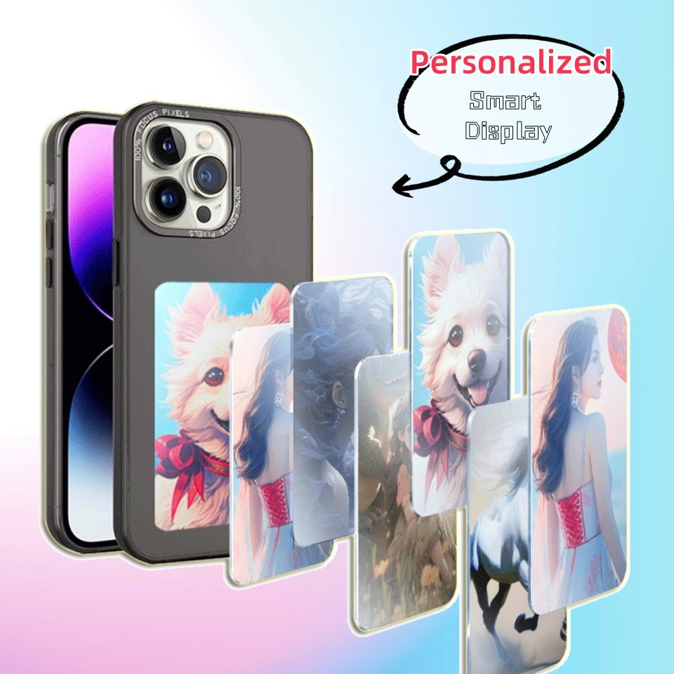 Black E-ink Screen Phone Case with personalized smart display showing various images on iPhone