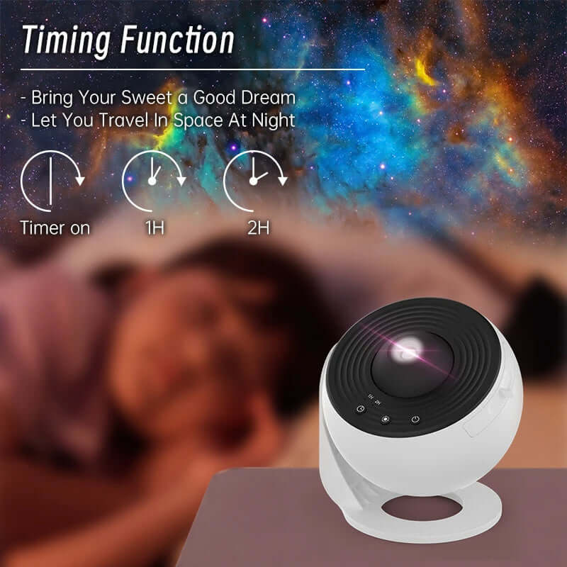 Night light galaxy projector with timing function, perfect for creating a dreamy space atmosphere in kids' bedrooms.