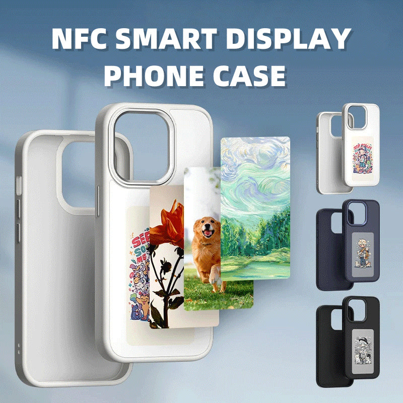 E-ink screen phone case with NFC smart display and customizable image projection for iPhone models in multiple colors